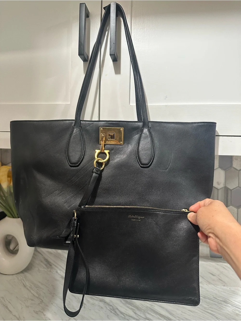 Salvatore Ferragamo Black Leather Tote with Gold Hardware